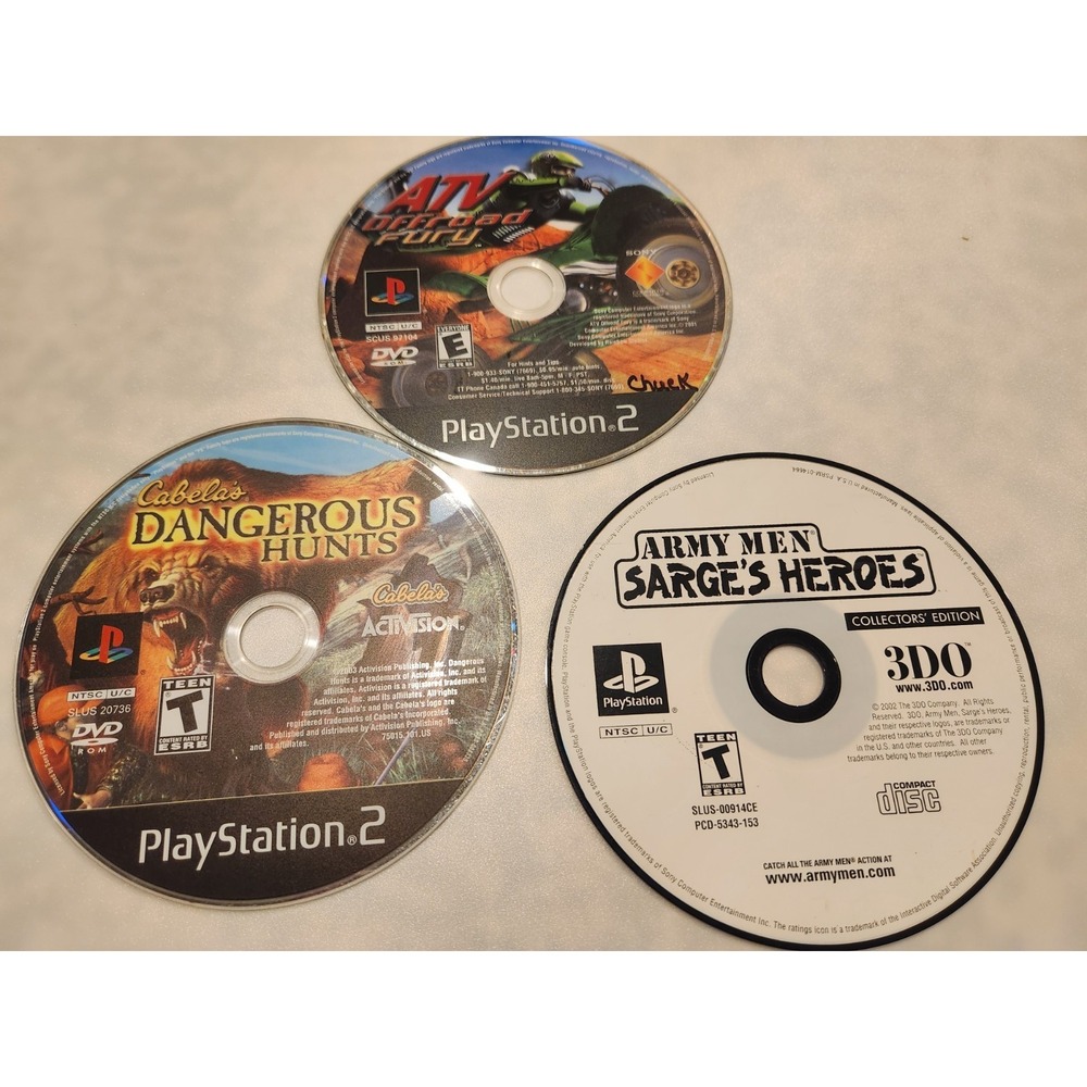 Lot of 3 PlayStation 2 Army Men Sarge's Heroes, Cabela's Dangerous Hunts & ATV